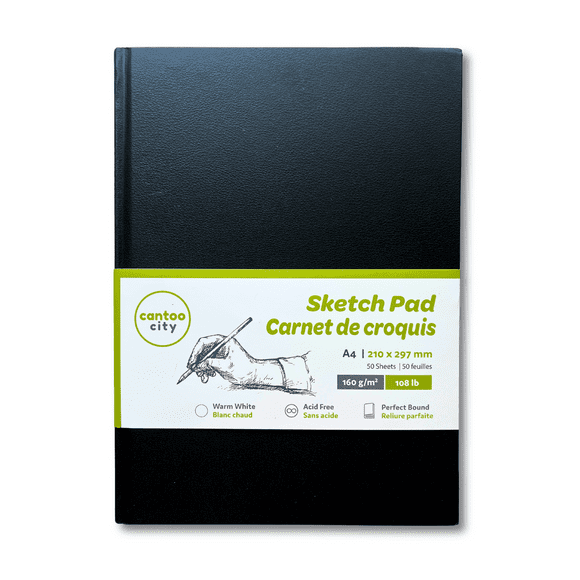 Cantoo City Carnet de Croquis A4, Papier 160 G/m2, 100 Pages, Couverture Rigide Noire - pour Matières Sèches Ou Matières Mixtes