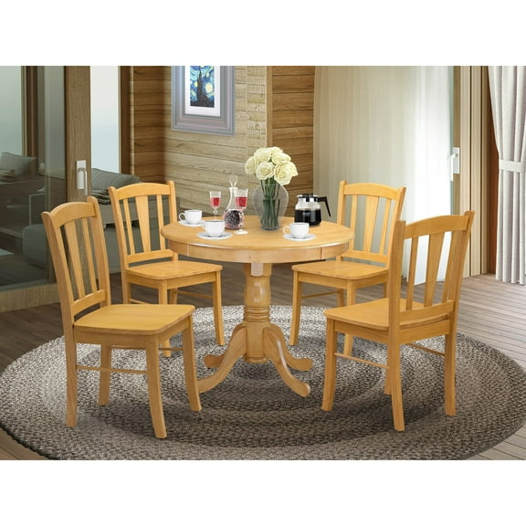East West Furniture ANDL5-OAK-W Antique 5 Piece Set Includes a Round Kitchen Table with Pedestal and 4 Dining Room Chairs, 36x36 Inch