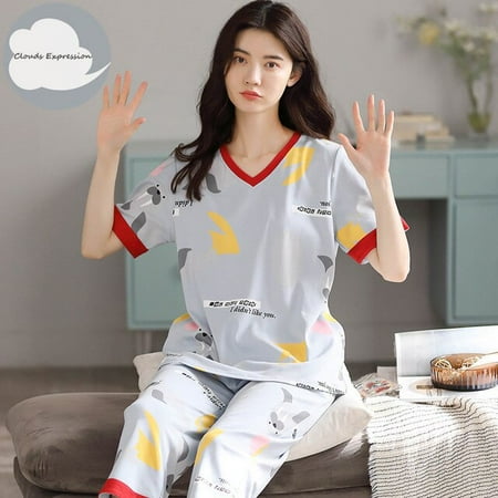 

QWZNDZGR Summer 100% Cotton Cartoon Pajamas Sets Women Pyjamas Sleepwear Nightwear Pijama Mujer Size M-2XL Calf-Length Pants Homewear
