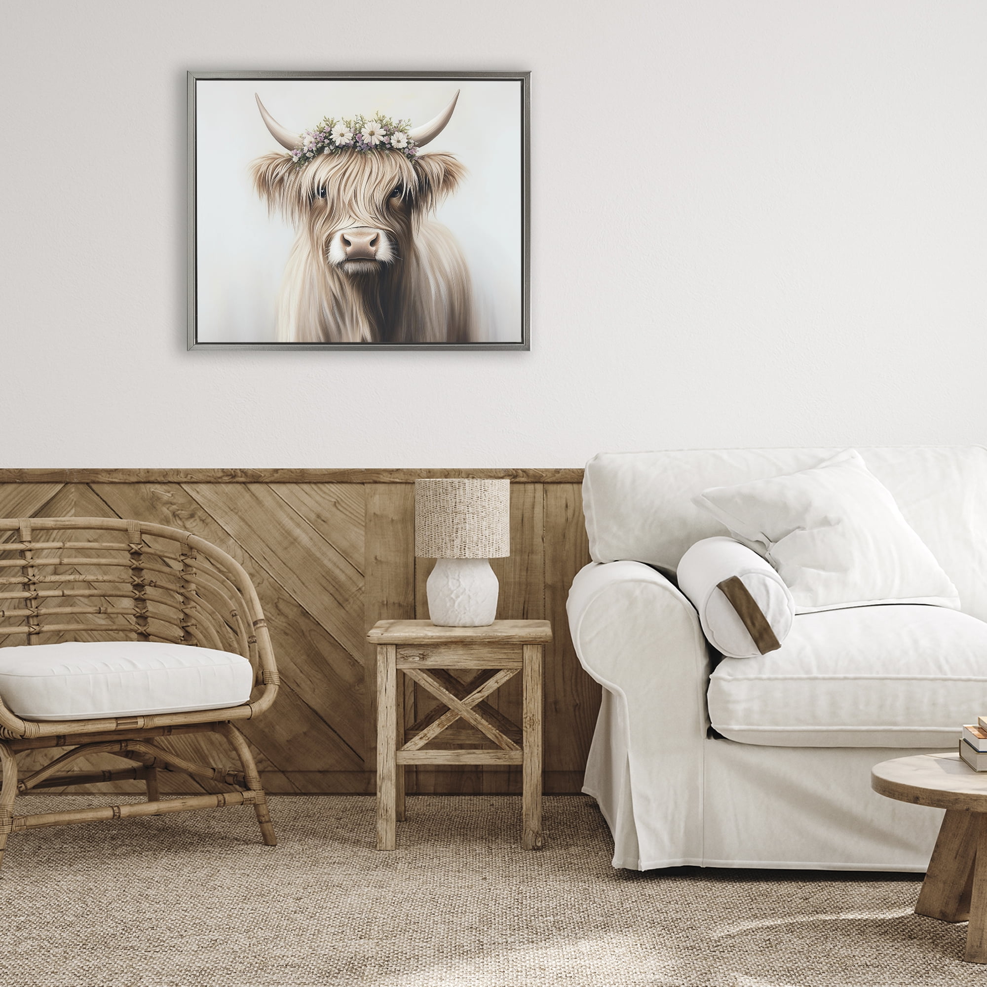 Shaggy Cattle Floral Crown Gray Framed Floater Canvas Wall Art, design by Shawna Stewart