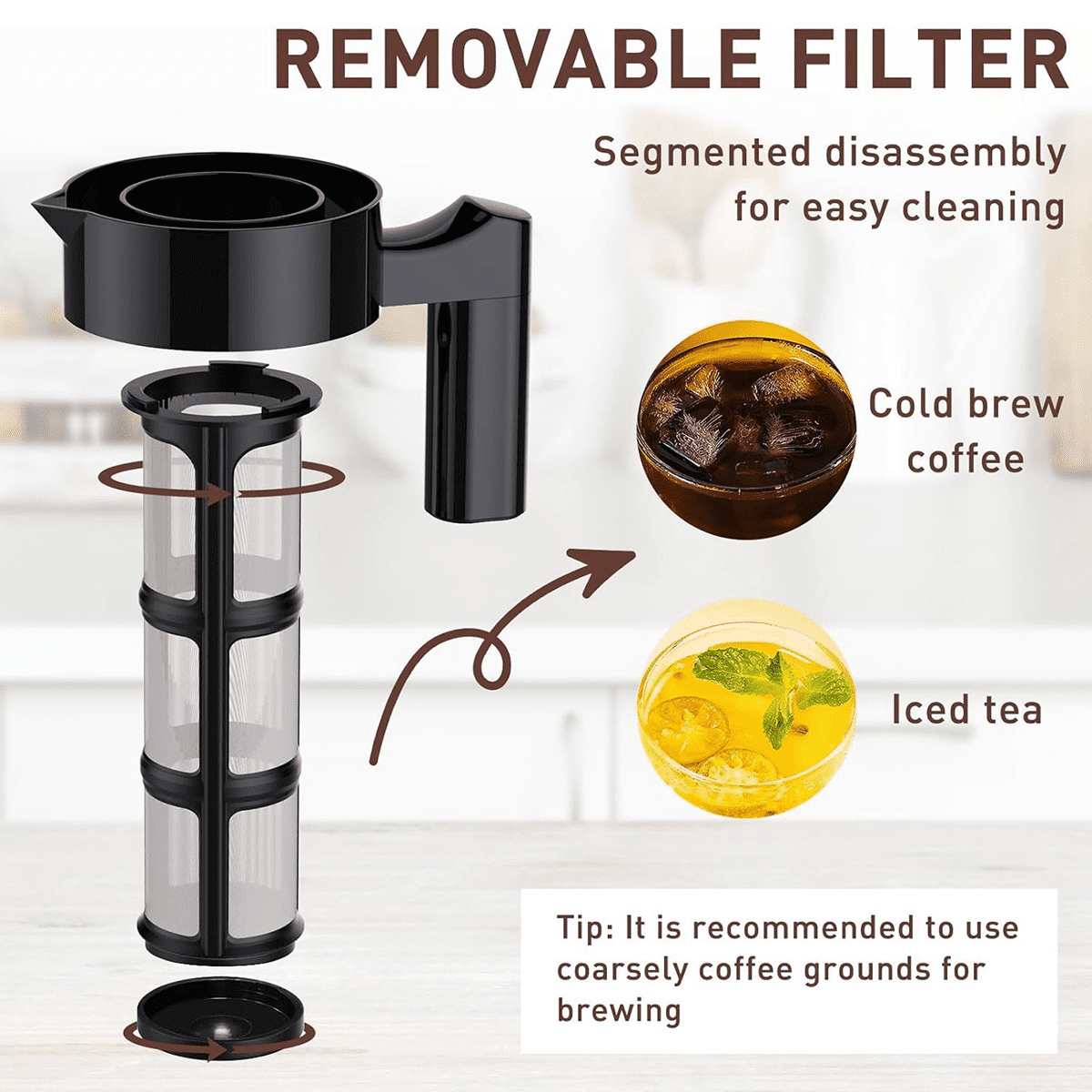 Cold Brew Coffee Maker, 40 Oz Iced Pitcher with Mesh Filter, Glass Ice Making Jug for Fridge Black