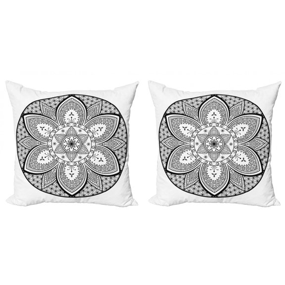 Ambesonne Ethnic Throw Pillow Cover 2 Pack, Mandala Design Leaves Dots, 18", Black and White