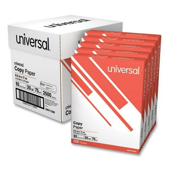 Universal Copy Paper Convenience Carton, 92 Bright, 20 lb Bond Weight, 8.5 x 11, White, 500 Sheets/Ream, 5 Reams/Carton (11289)