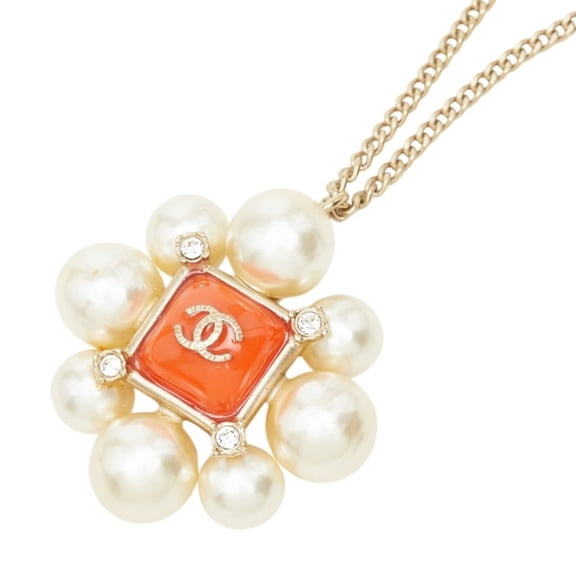 Pre-Owned Chanel Coco Mark Rhinestone Necklace, Gold and Orange Plated, Faux Pearl, Women's.
