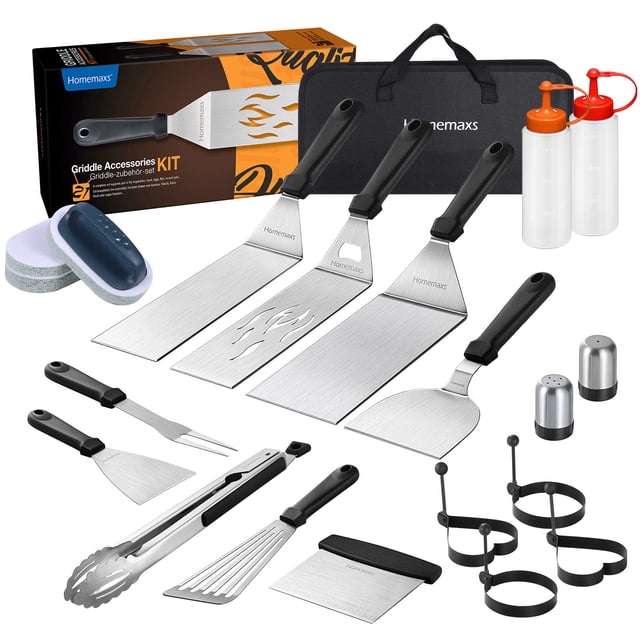 FONWILYO 21Pc Teppanyaki Accessories Set with Thick Stainless Steel Griddle Tools and Storage Pouch