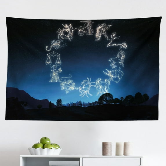 Astrology Tapestry, Ethnical Tribal Horoscope Chart Signs and Names Image Print, Fabric Wall Hanging Decor for Bedroom Living Room Dorm, 2 Sizes, Black White and Yellow, by Ambesonne