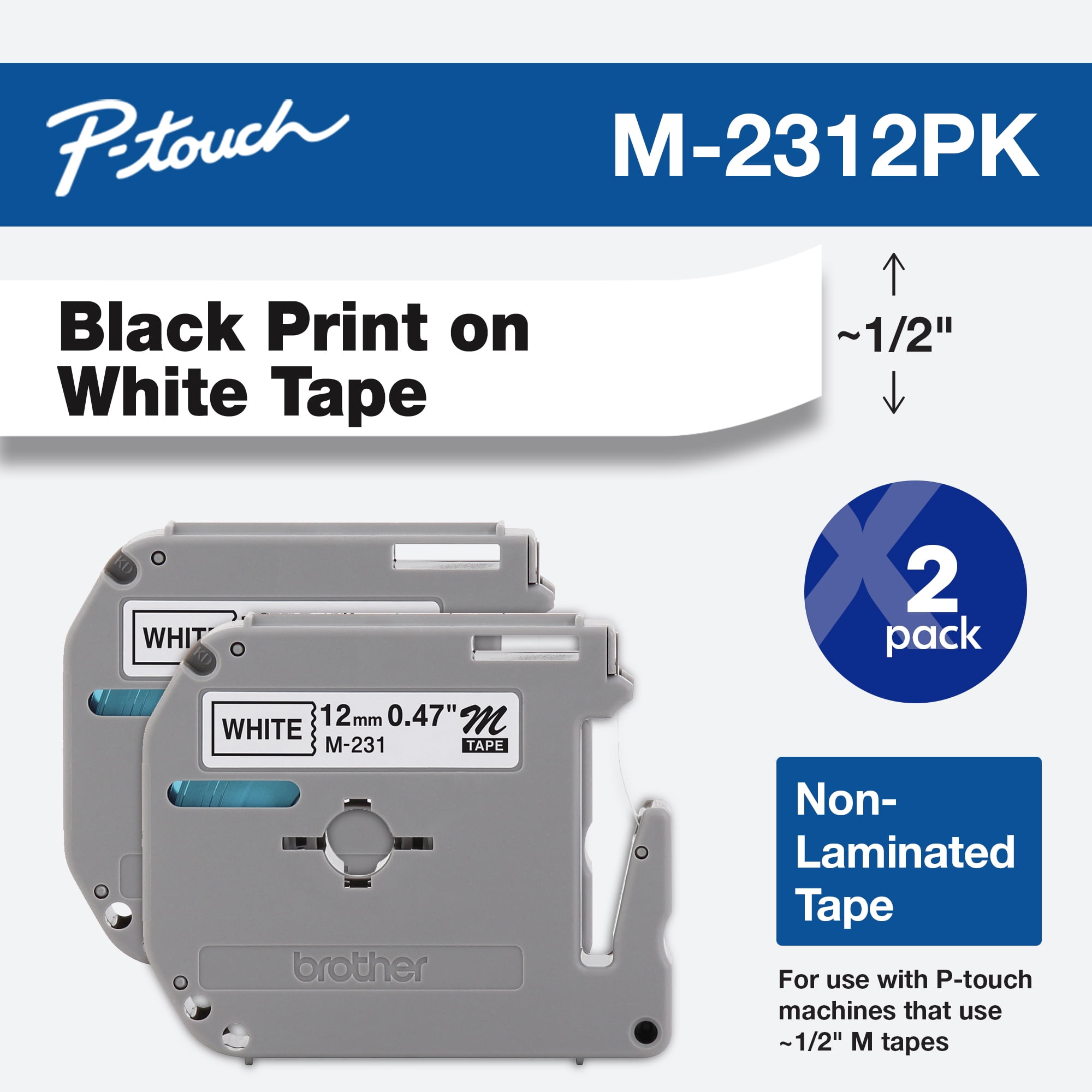 Details about   Brother P-Touch M-Tape 1/2 inch M-231 NEW BLACK on WHITE Tape 