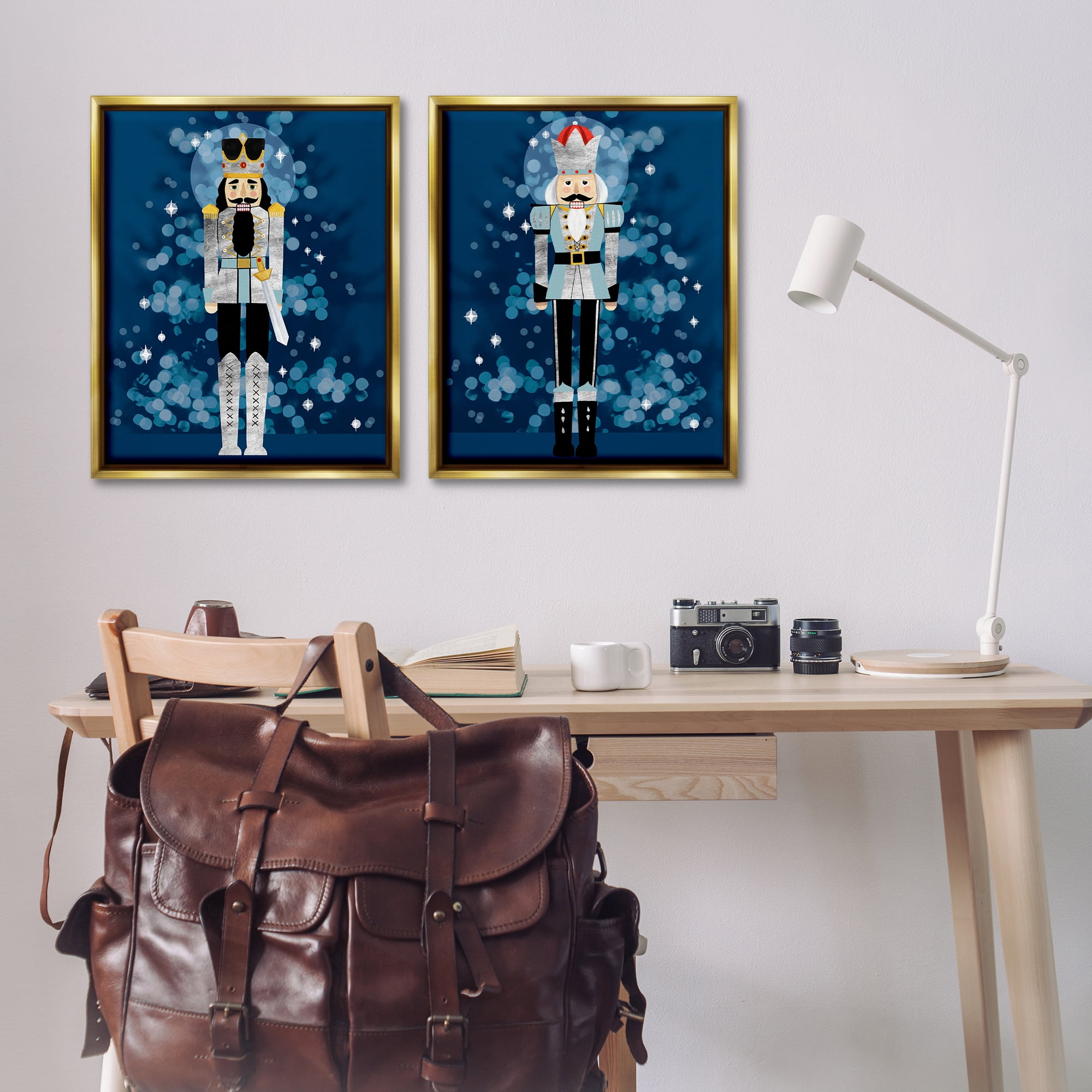 Stupell Industries Blue Nutcracker Figures Holiday Painting Gold Floater Framed Canvas Art Print Wall Art, 31 x 25, Set of 2