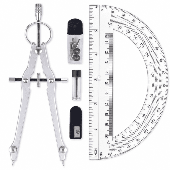 Compass and Protractor Set with Metal Geometry Compass, 6-Inch 180-Degree Protractor and Refill Accessories, Silver