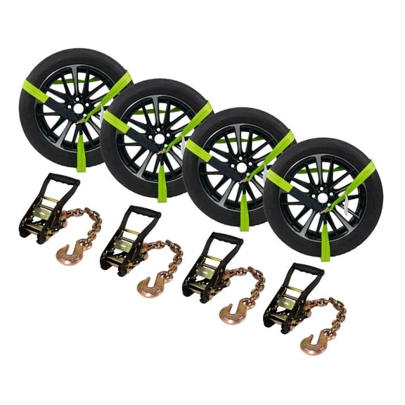 Mytee Products (4 Pack) 2"x8' Car Tie Down Ratchet Lasso Straps with Chain Anchor - 3,335 LBS WLL - High Viz Green Car Hauler Tire Straps for Trailers - Tie Down for UTV, Trucks, ATV