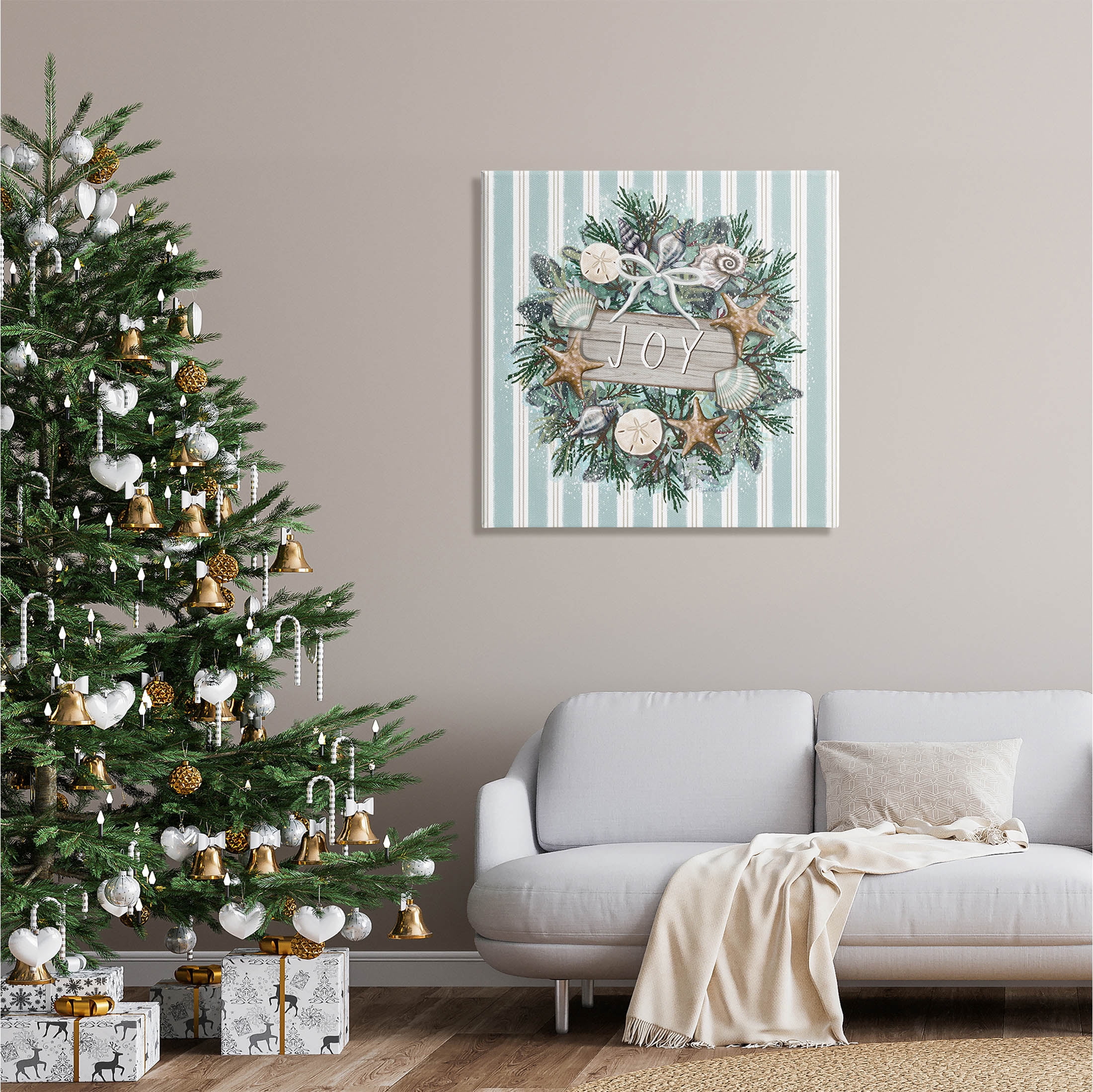 Stupell Industries Striped Joy Seashell Wreath Graphic Art Gallery Wrapped Canvas Print Wall Art, Design by Elizabeth Tyndall