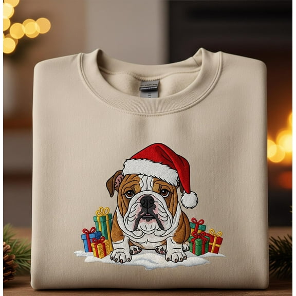 Bulldog Christmas Sweatshirt – Santa Hat Dog Holiday Pullover with Gifts
