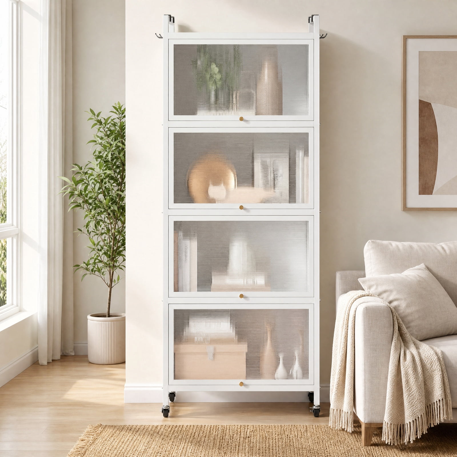 RUIE 5-Tier Kitchen Baker's Rack with Flip-up PC Doors, Rolling Storage Cabinet Pantry Organizer with Universal Wheels and Removable Hooks, White