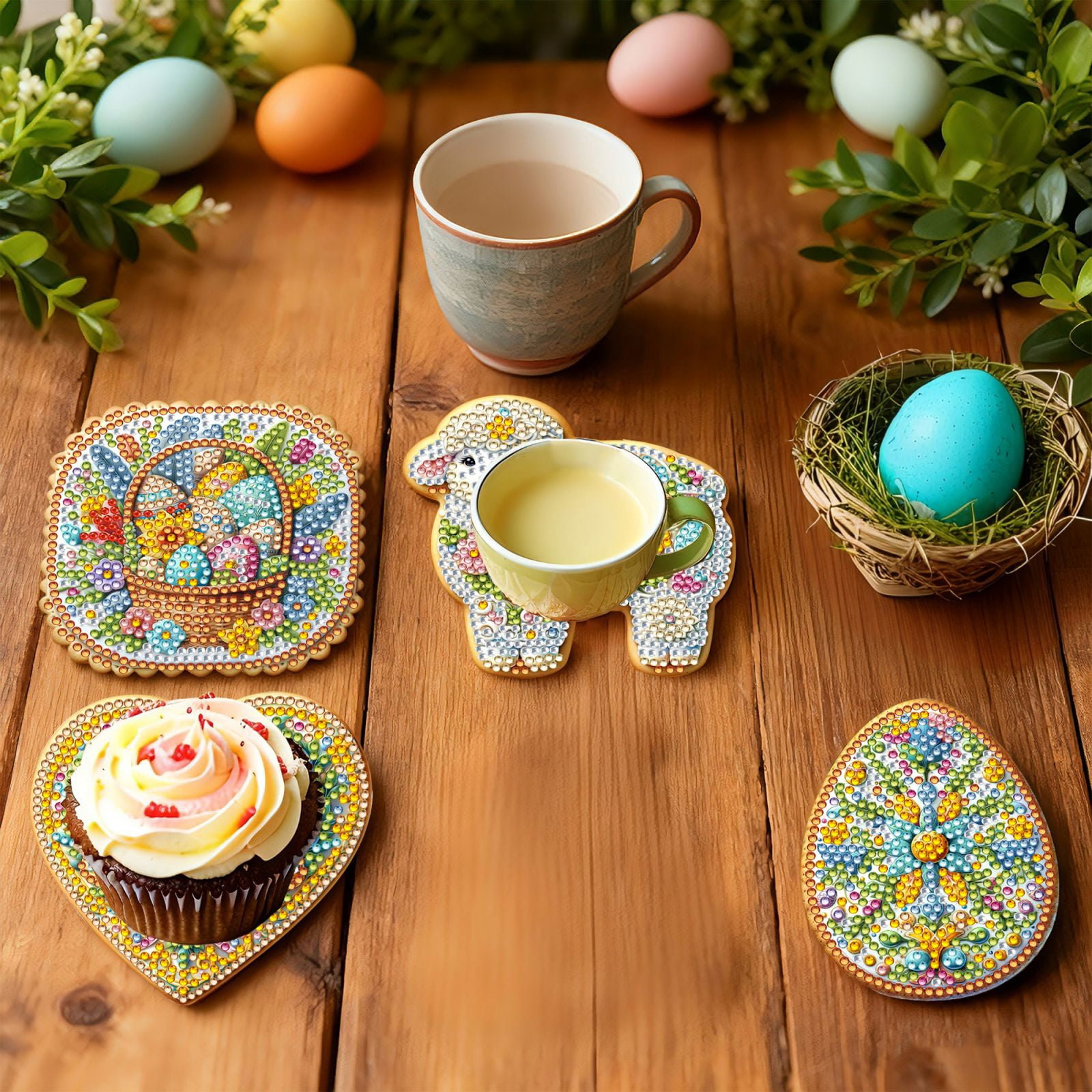 FLOPESN 6Pcs Easter DIY Diamond Art Coasters Kits, Creative Irregular Shape Wooden Desktop Decoration Gift Coasters -Easter Cookies