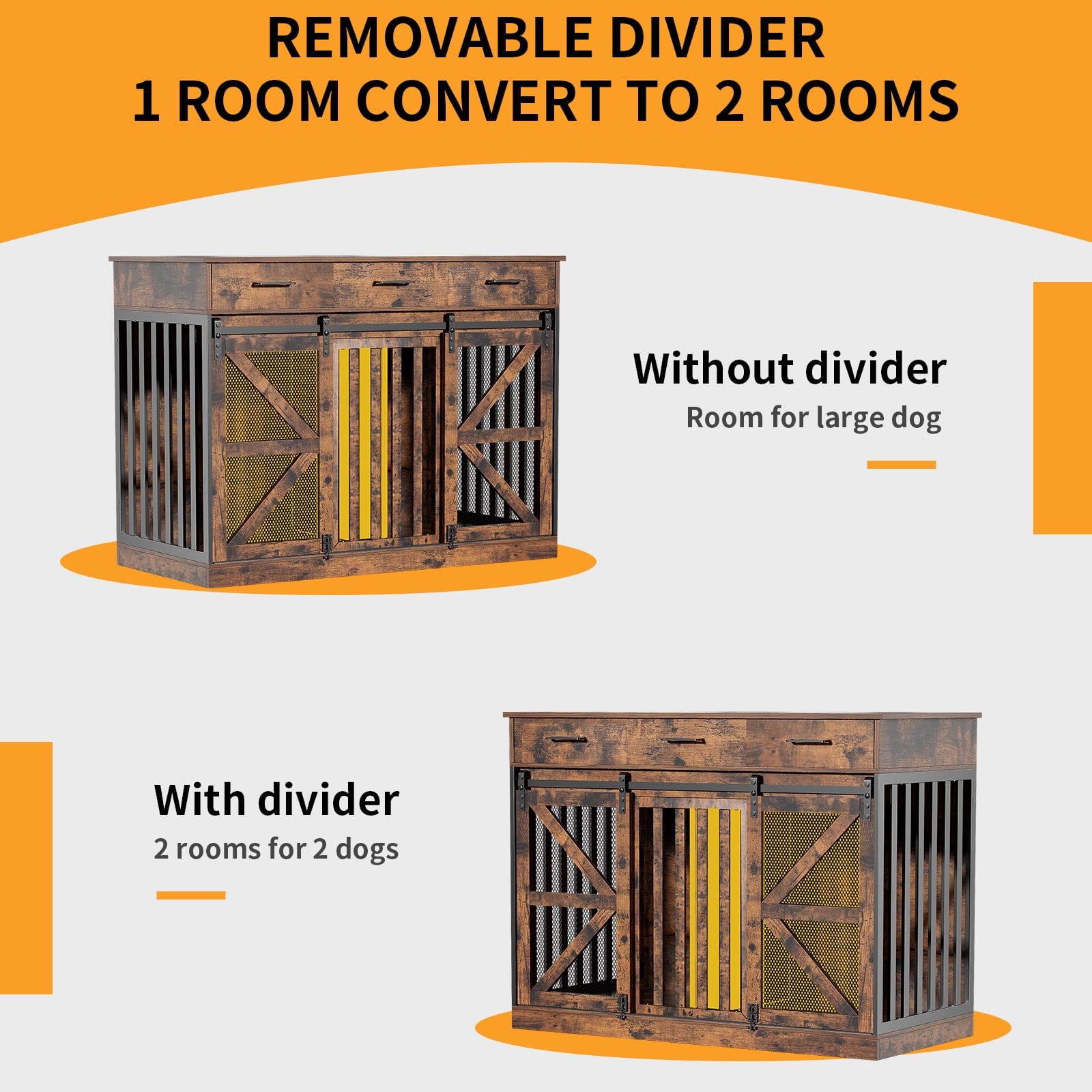 Casendy Dog Crate Furniture with Adjustable Divider for 2 Dogs, Heavy Duty Dog Kennels with 3 Drawers and Sliding Doors, Media Console Dog Cage for Living Room, Brown