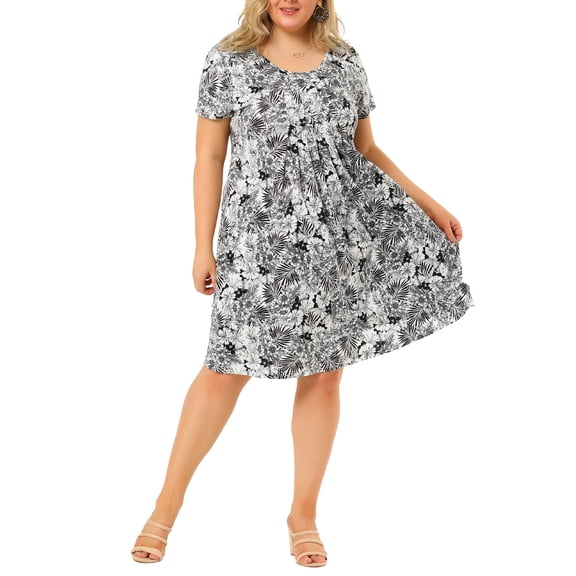 GRACE & GRANDEUR Women's Plus Size Round Neck Short Sleeves Floral Pleated Summer Midi Dress 2X Black
