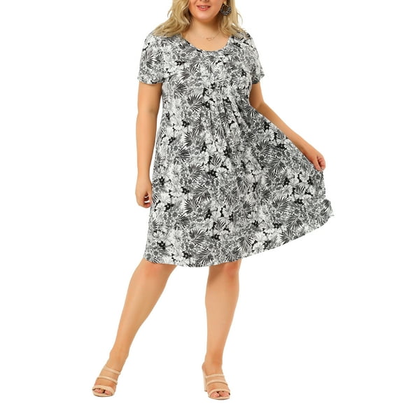 GRACE & GRANDEUR Women's Plus Size Crew Neck Short Sleeve Floral Pleat Summer Midi Dress 2X Black