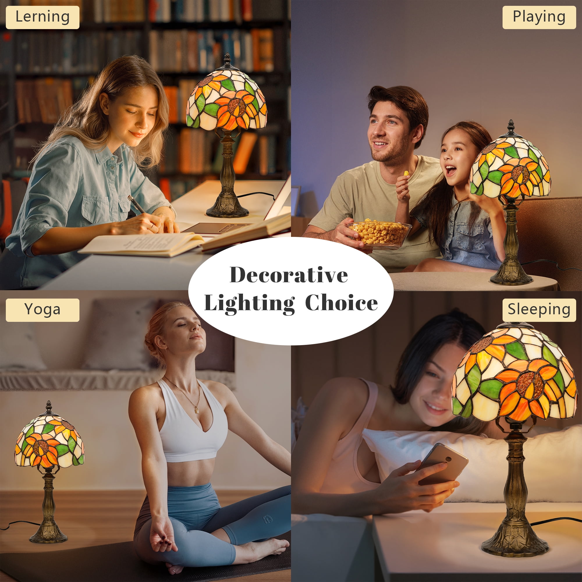 MEHOOM Sunflower Tiffany Style Table Lamps for Bedroom, Stained Glass Shade, LED 3-Color Dimmable with Auto Timer, Table Lamps for Living Room