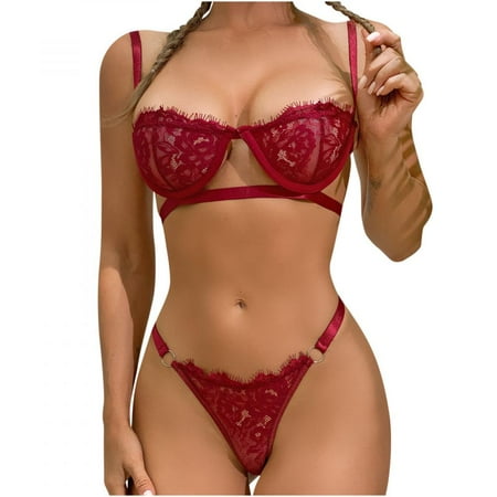 

Summer Savings Clearance! PEZHADA Sexy Lingerie for Women Women s Sexy Lace Sexy Split Underwear Bra Underwear Sexy Suit Wine L