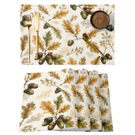 Placemats Set of 4 - 13x19 Inch, Fall Leaves Non-Slip Washable Place Mats for Dining Table, Thanksgiving Country Harvest Branches Cones Polyester & Linen Blend Table Mats for Kitchen Party Holiday