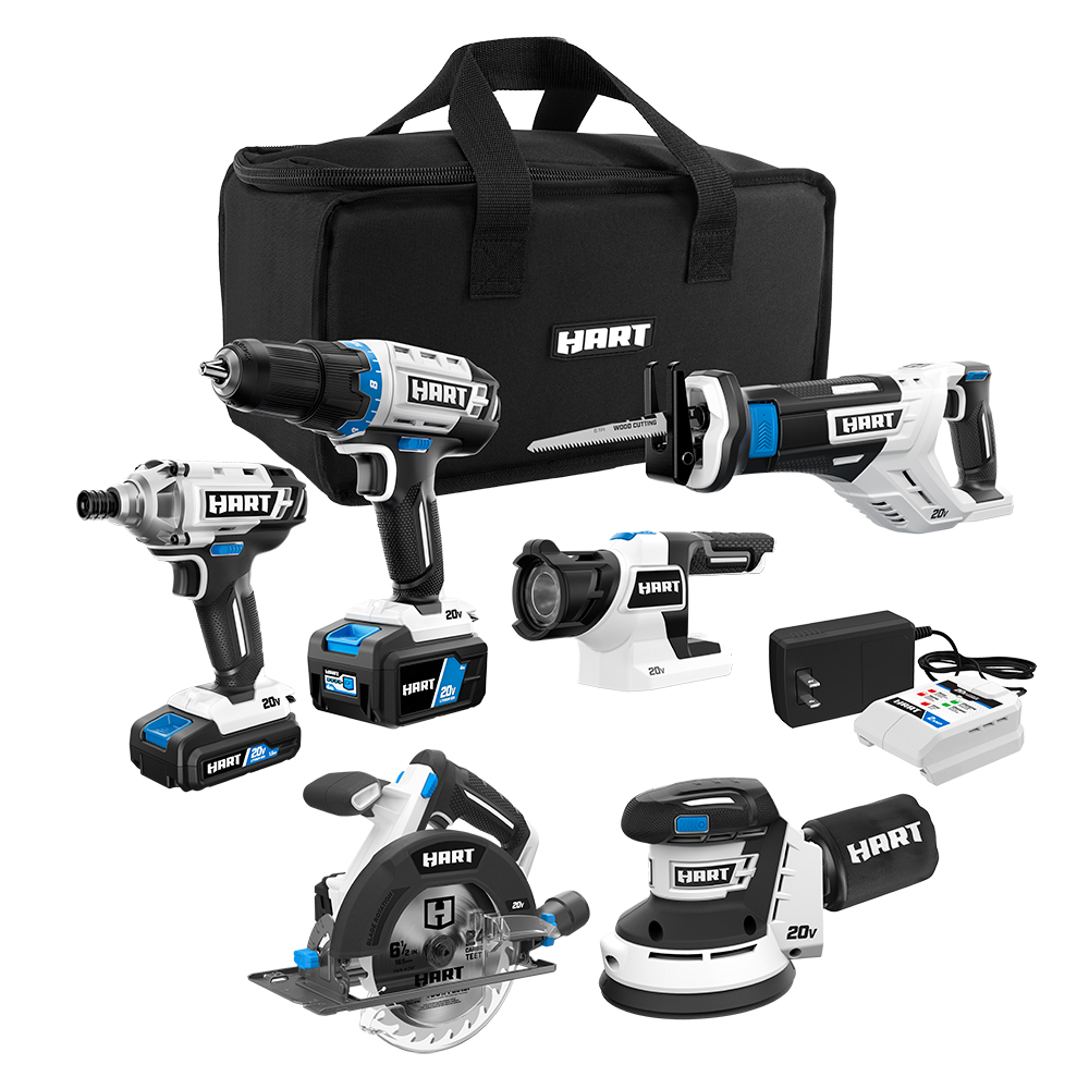 HART 20-Volt Cordless 6-Tool Combo Kit (1) 4.0Ah & (1) 1.5Ah Lithium-Ion Batteries, Charger and Storage Bag