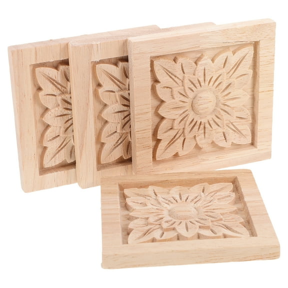 Wooden Appliques for Furniture Unpainted Carved Flower Design Light Yellow Wood Easy to Install Square Structure 4 Pieces