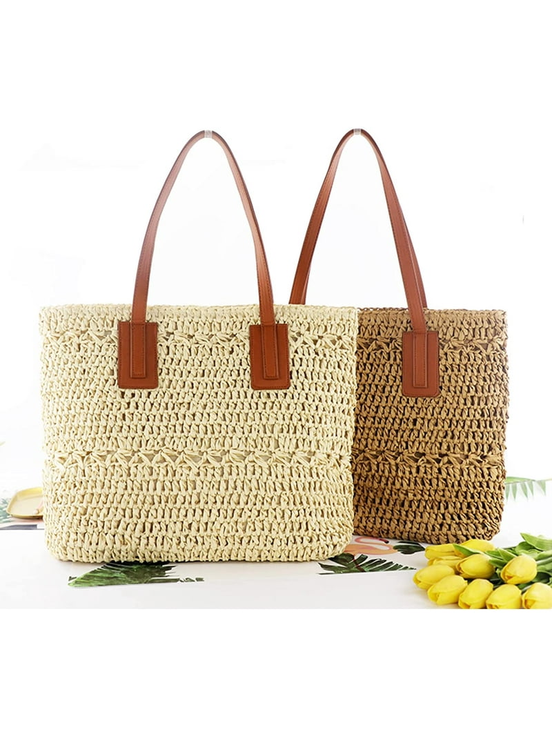 Straw Bag for Women Woven Beach Structured Tote Handmade Crochet