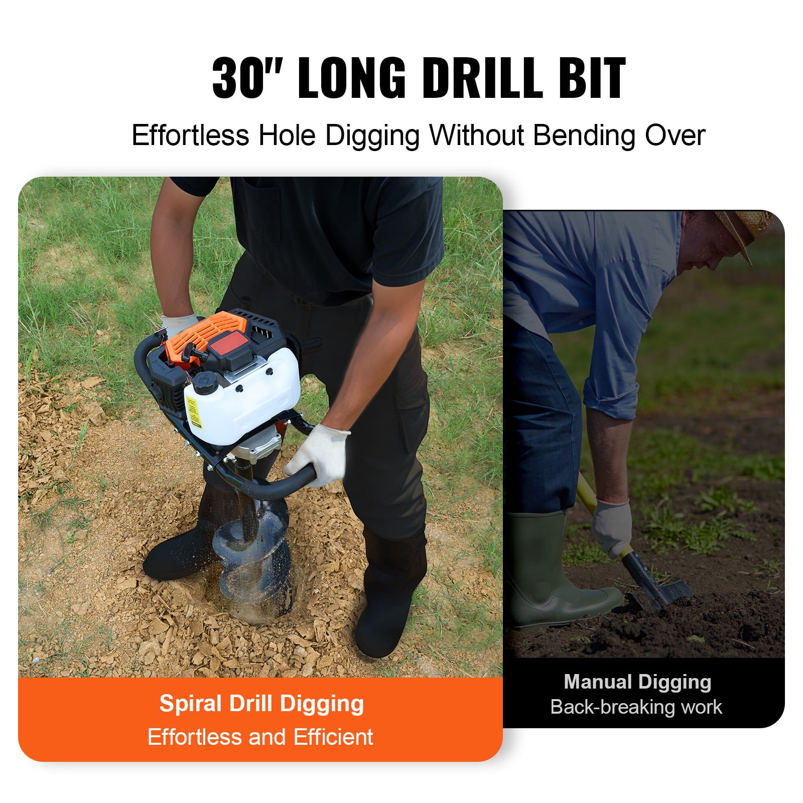 KFFKFF Gas Post Hole Digger, 52CC 1450W Earth Auger with 8” Drill Bits and Extension Rod, Ideal for Garden, Farmland, and Fence Installation, Orange and Black