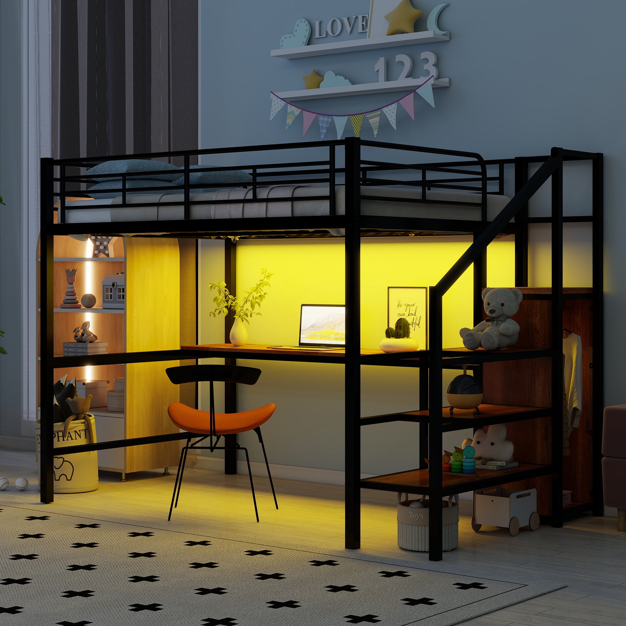 EUROCO Modern Metal Full Size Loft Bed with Wardrobe, Shelf and Desk with LED Light, Storage Staircase for Kids Teens, Black