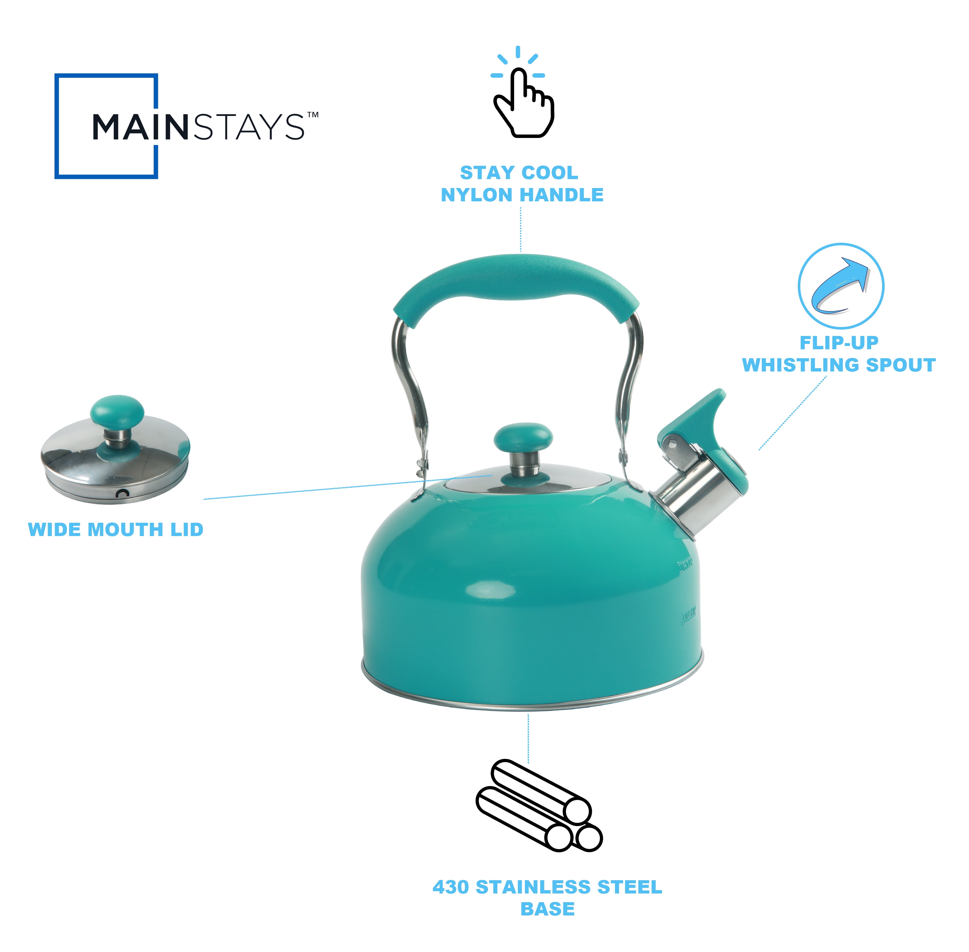 Mainstays Teal 1.8 Liter Stainless Steel Whistling Tea Kettle