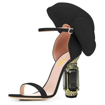 FSJ Women Fashion Round Open Toe Rhinestone Block High Heels Sandals with Flower Bloom Back Ankle Strap Adjustable Buckle Pumps Wedding Party Bridal Sexy Shoes Size 11 Black