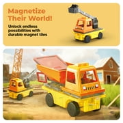 PicassoTiles 3-in-1 Magnet Tile Building Blocks – Crane, Dump Truck & Ladder Construction Vehicle with Car Base, STEM Toy for Kids