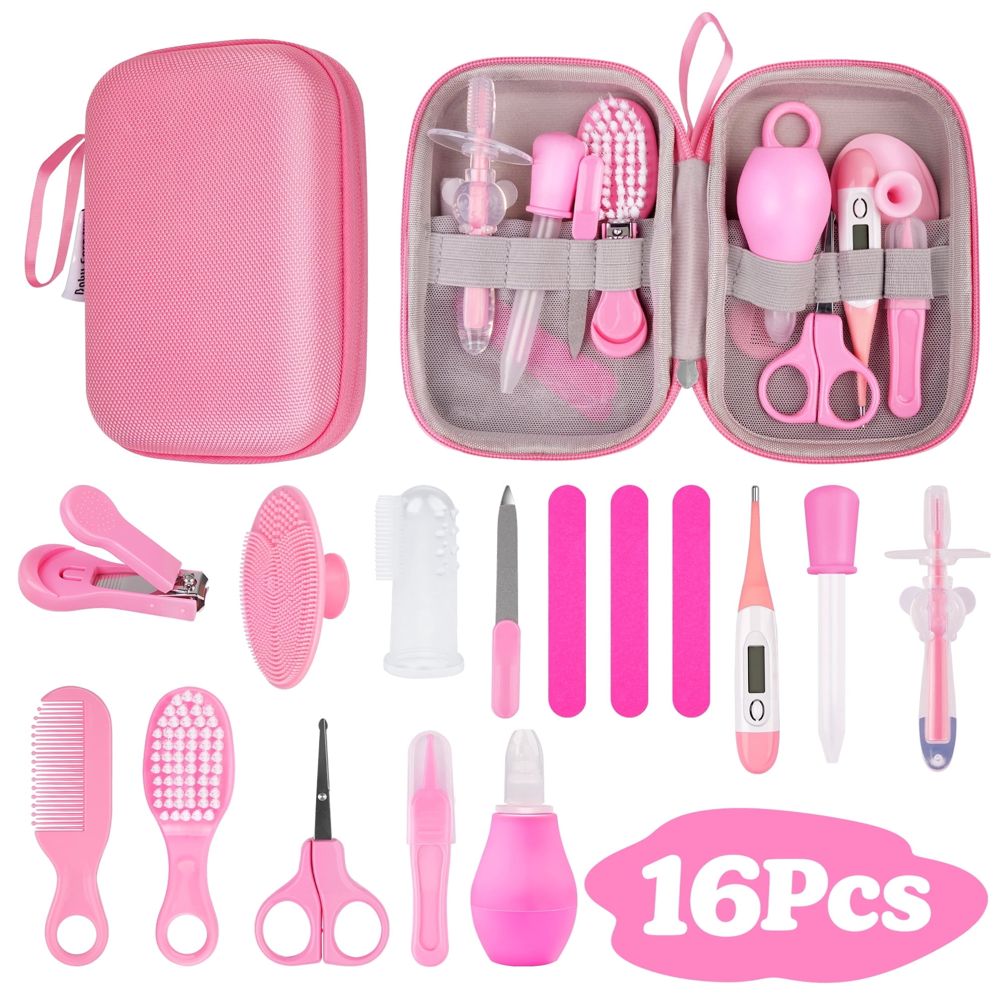 Qissep Baby Healthcare and Grooming Kit,16 in 1 Baby Grooming Kit with Nail File,Hair Brush Comb,Toothbrush,Nasal Aspirator,Baby Essentials as a Newborn,Best Gifts for Infant Girls Boys,Pink