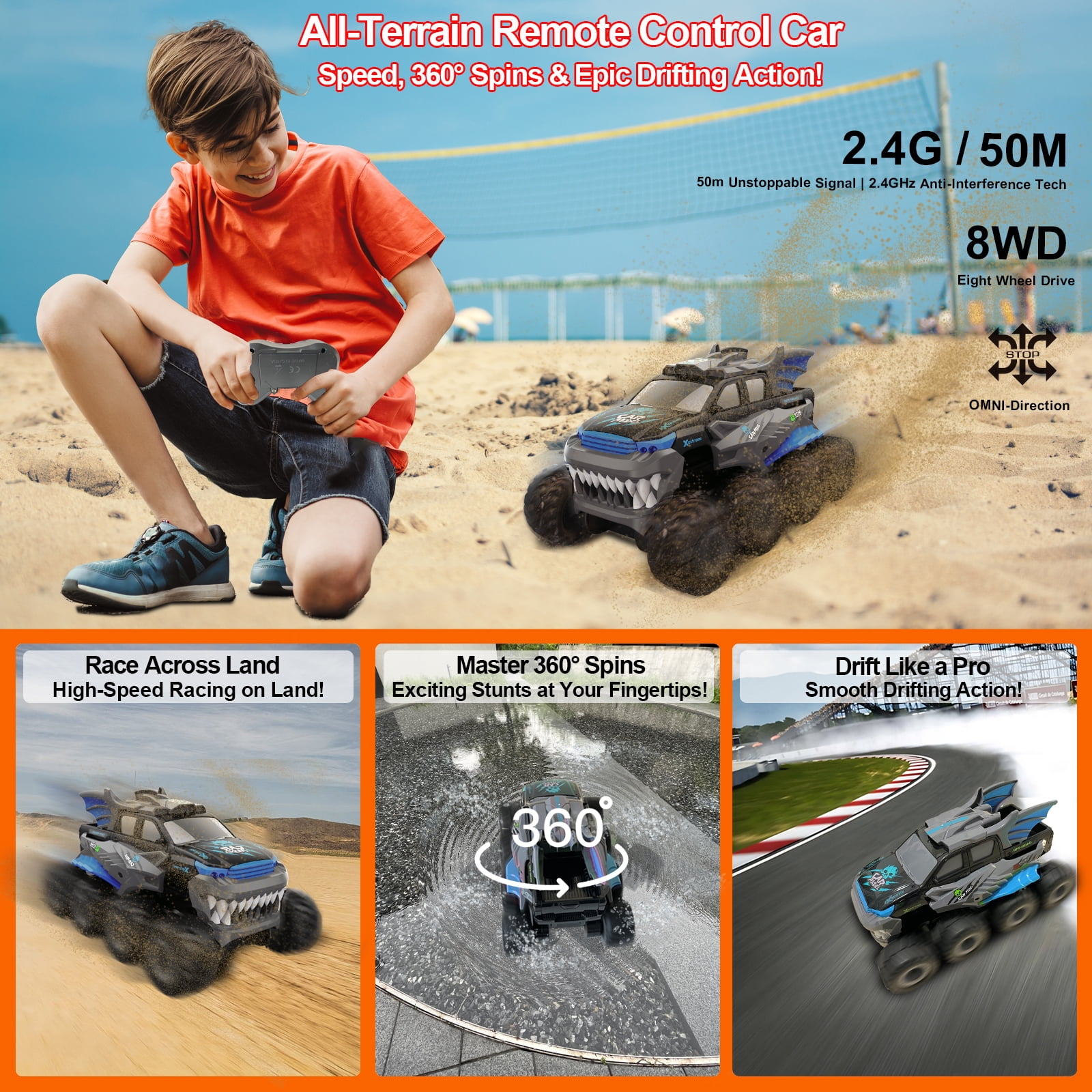 Amphibious Remote Control Car with 2  Rechargeable Batteries, 8WD RC Cars for Boys Age 8-12, Offroad Waterproof RC Monster Truck, 2.4GHz All Terrain RC Drift Cars Beach Pool Toys Gifts for Kids Blue