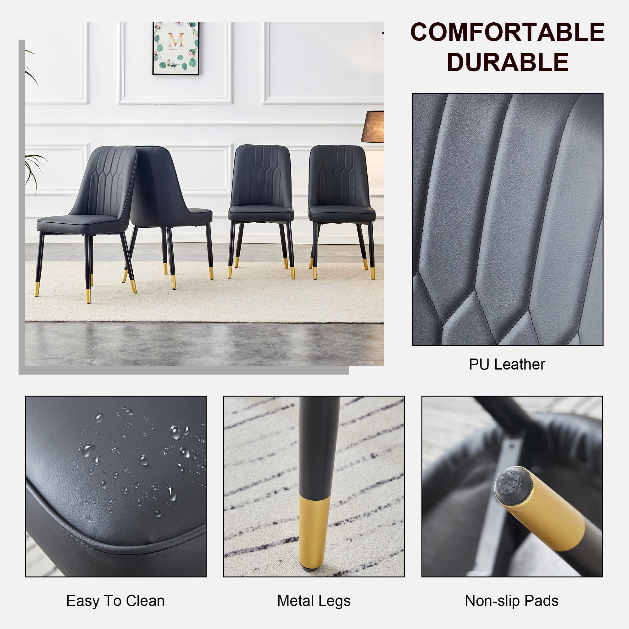 47" Modern Round Glass Dining Table Set with 4 PU Leather Chairs,Silver Base Glass Table with 4 Black Chairs with Black Leg