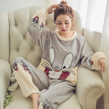 

Autumn Winter Warm Flannel Women Pyjamas Sets Thick Coral Velvet Long Sleeve Cartoon Sleepwear Thin Flannel Pajamas Set