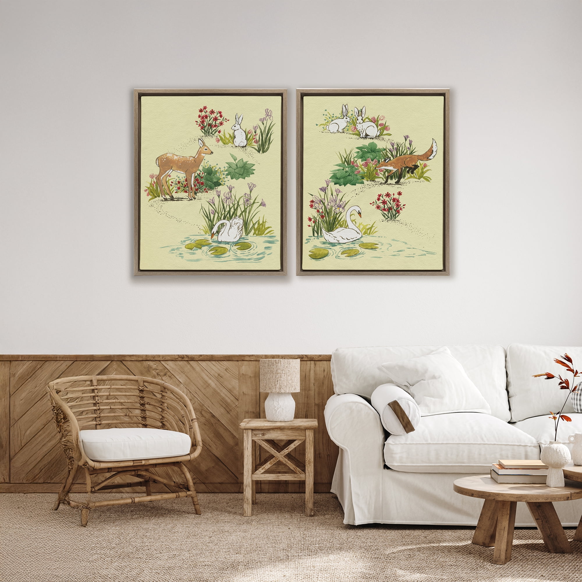 Stupell Industries Spring Animals in Nature 2 Piece Brown Framed Floater Canvas Set, design by Grace Popp