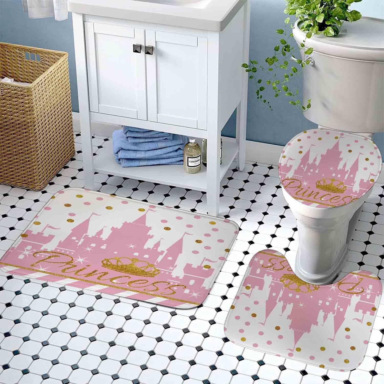 4PCS Cartoon Black Unicorn Shower Curtain Set, Inspirational Rainbow African American Black Girl Kids Bathroom Decor, Waterproof Fabric Pink Shower Curtain, Non-slip Bath Mat, Unicorn Gifts