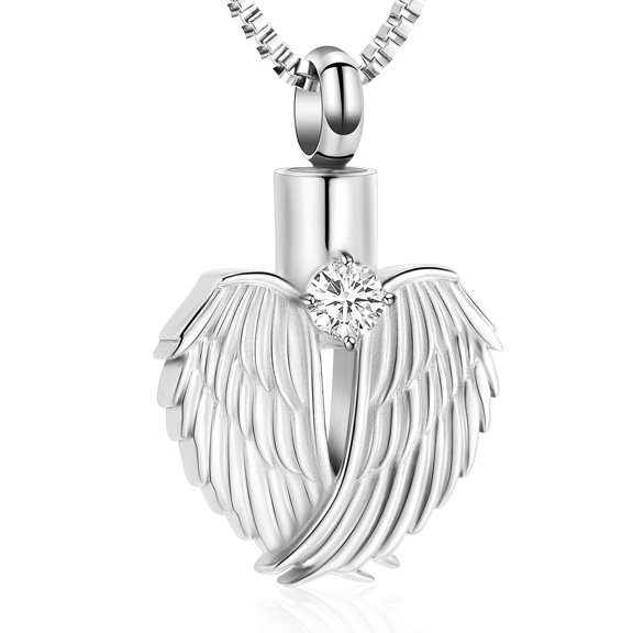 Angel Wing Heart w/ Birthstone Urn Pendant Cremation Jewelry for Ashes Holder Pet Memory Necklace Dog Cat Furry Friend Memorial Jewelry