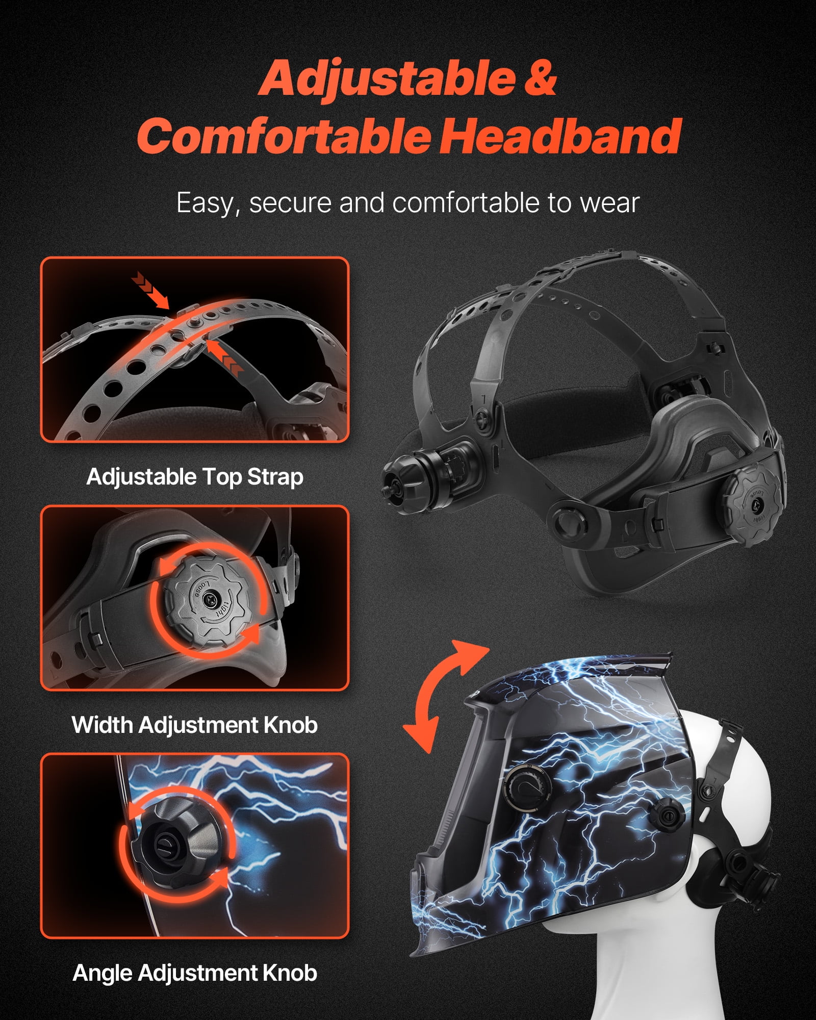 VEVOR Welding Helmet Auto Darkening, 3.66" x 1.69" True Color Welding Hood, Solar Powered Welder Mask 2 Arc Sensors,Shade 4/9-13 for TIG MIG ARC Weld Grinding - CRIUS Series (Blue Lightning Pattern)