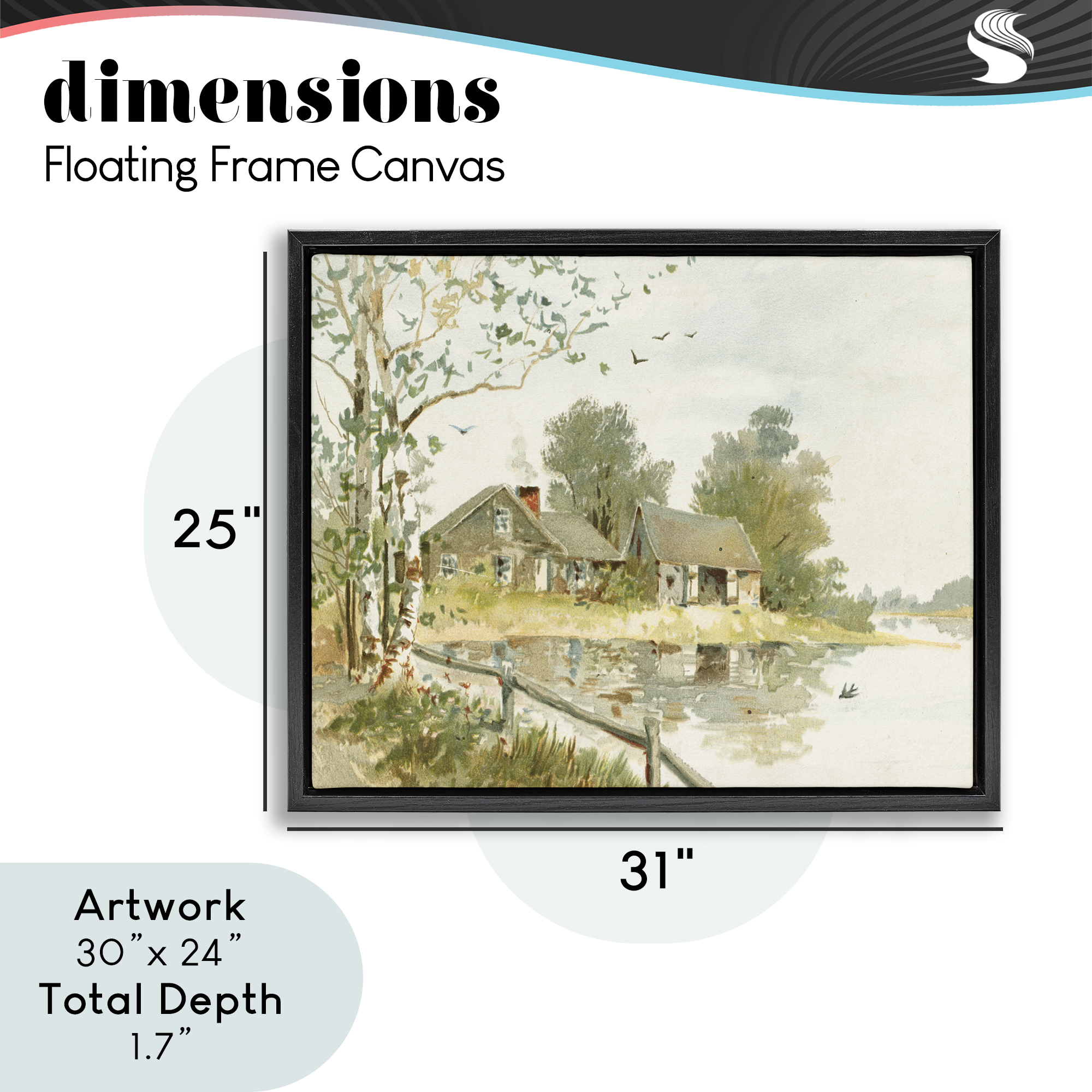 Cabin Along River's Edge Black Framed Floater Canvas Wall Art, design by Lettered and Lined