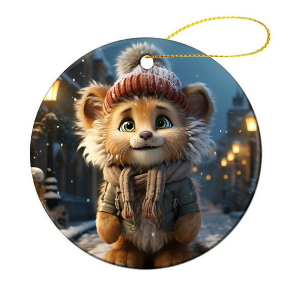 Cartoon Lion Christmas Snow Winter (1) Christmas Ceramic Ornament Wild King Animal Customized Round Ceramic Ornament Christmas Home Office Tree Decorations Gifts Keepsake for Family