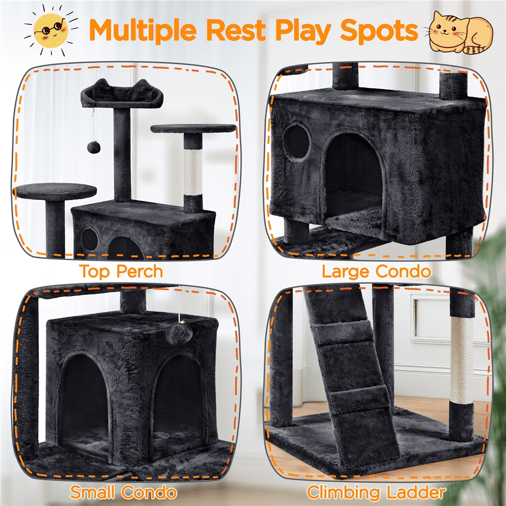 Alden Design 80″ Tall Multilevel Cat Tree with 2 Condos & 3 Scratching Posts for Kittens, Black