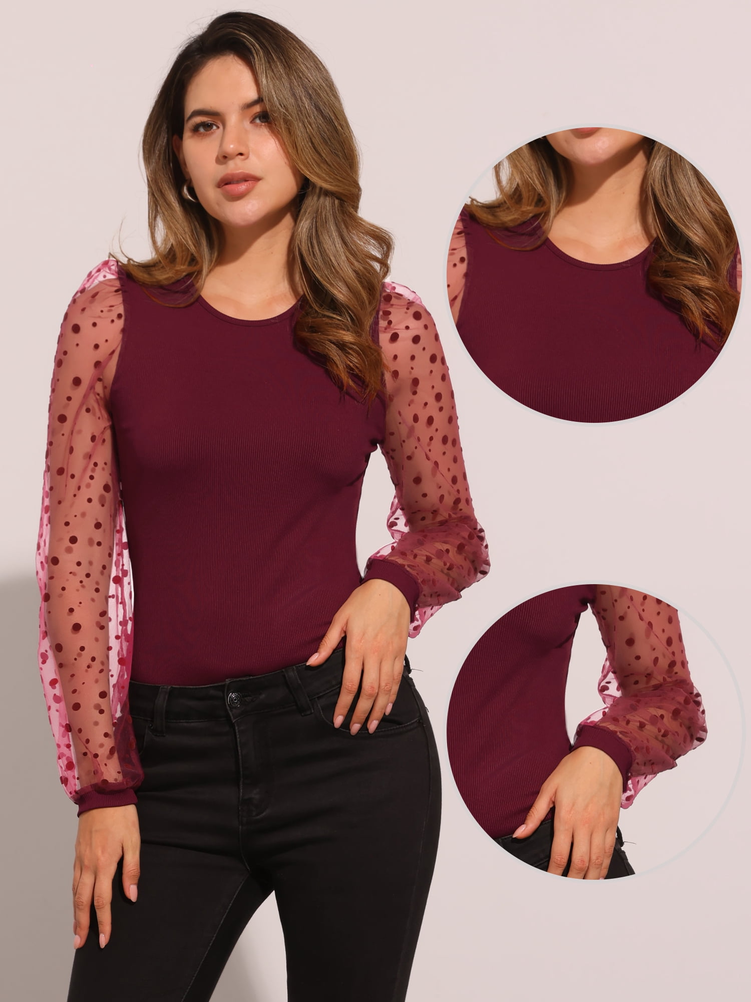 DARING DIVA Polka Dot Sheer Long Sleeve Crew Neck Bodysuit XL Burgundy