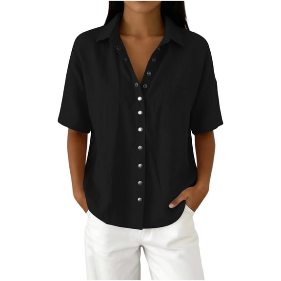 Kojanyu Women's Cotton Linen Short Sleeve Button Down Shirt, Casual 2026 Summer Boho Loose Tops, S-XXL