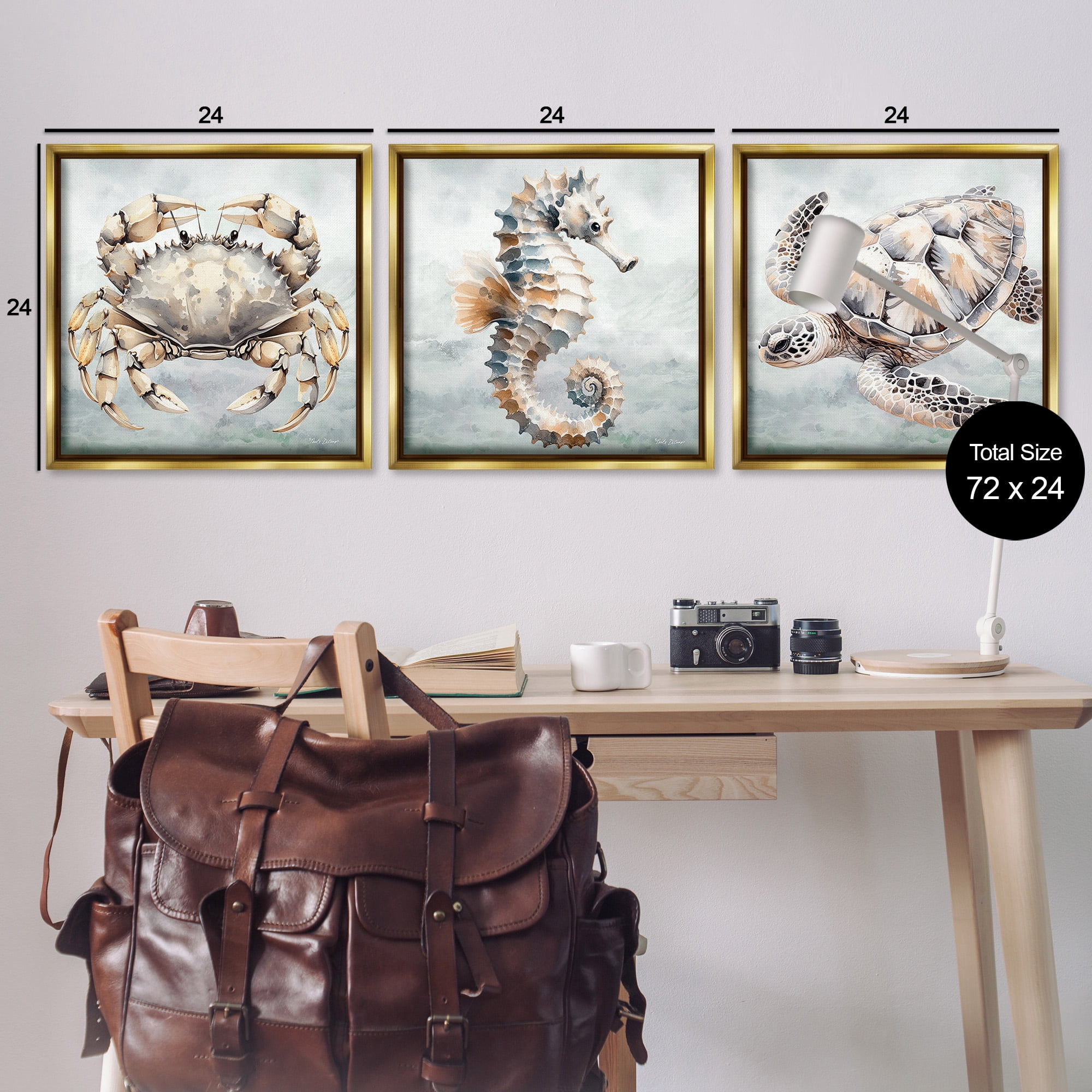 Stupell Industries Traditional Marine Life Animals & Insects Painting Gold Floater Framed Canvas Art Print Wall Art, 25 x 25, Set of 3