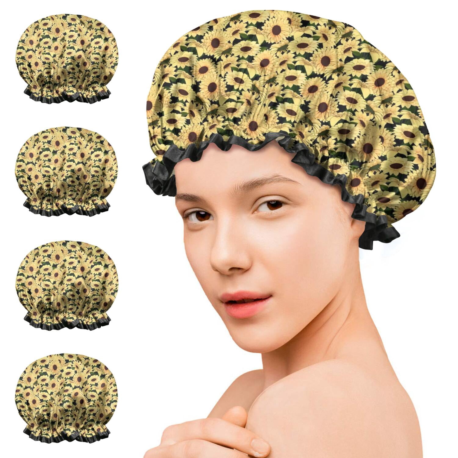 Shower Caps,Yellow Sunflower Pattern Waterproof Shower Cap for Women 4 Pieces,Double Reusable Hair Cover for Shower PEVA Elastic Stretch Hem