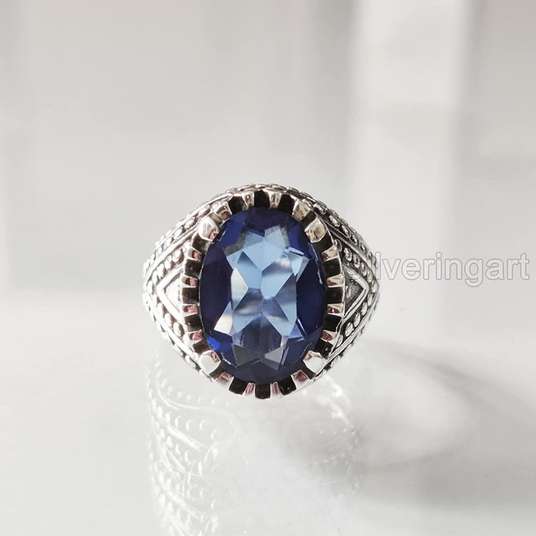 Blue Sapphire Mens Ring, Natural Blue Sapphire, September Birthstone Sapphire, Silver Jewelry, 925 Silver Ring, Birthday Gift, Heavy Mens Ring, Arabic Blue Sapphire Mens Ring, Natural Blue Sapphire, September Birthstone Sapphire, Silver Jewelry, 925 Silver Ring, Birthday Gift, Heavy Mens Ring, Arabic