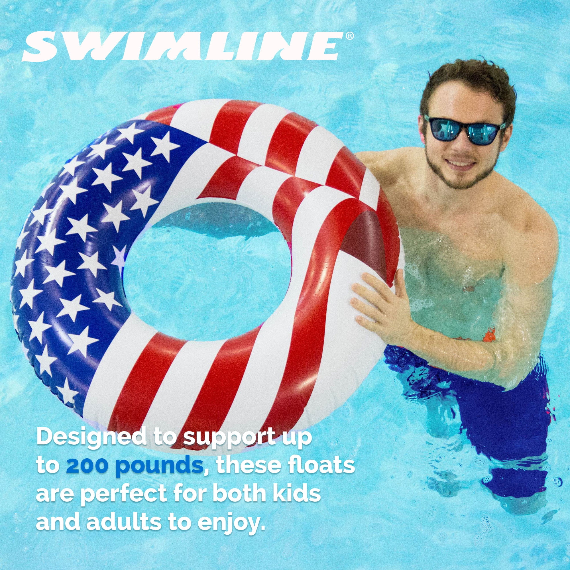 Swimline 90196 Round 36" Inflatable Patriotic American Flag Pool or Lake Tube Lounger Water Float for Kids and Adults, Red, White, Blue