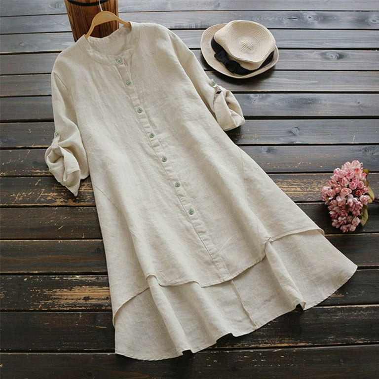 Dressy Tops for Women Loose Linen Soild Button Long Sleeve Long Sleeve T Shirt Beige XXXL